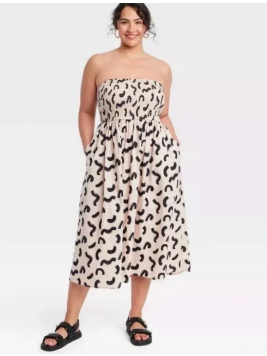a.new.day Women’s Tan and Black Smocked Top tube midi Sundress XXL - Picture 1 of 7